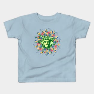 Green woman with large flowers Kids T-Shirt